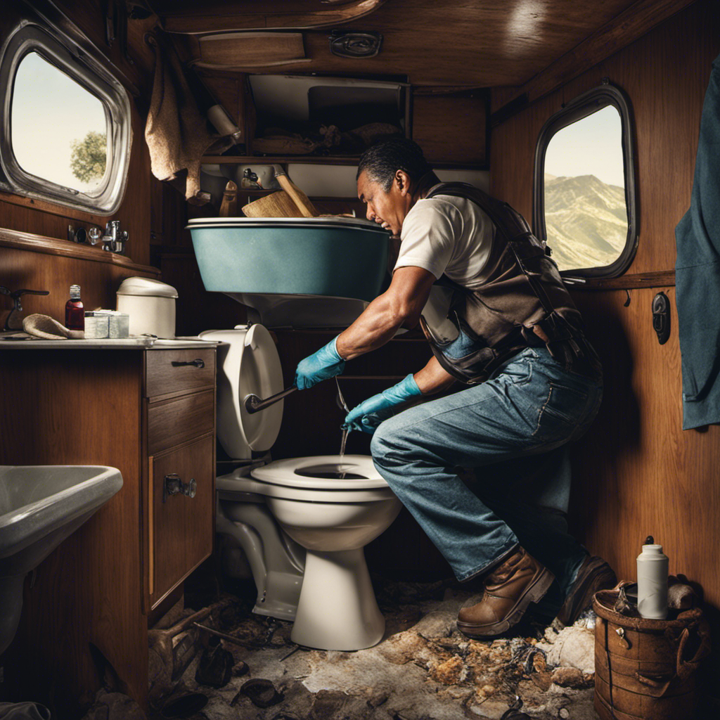 An image depicting a person wearing gloves, using a plunger, and applying downward force to the toilet bowl in a camper