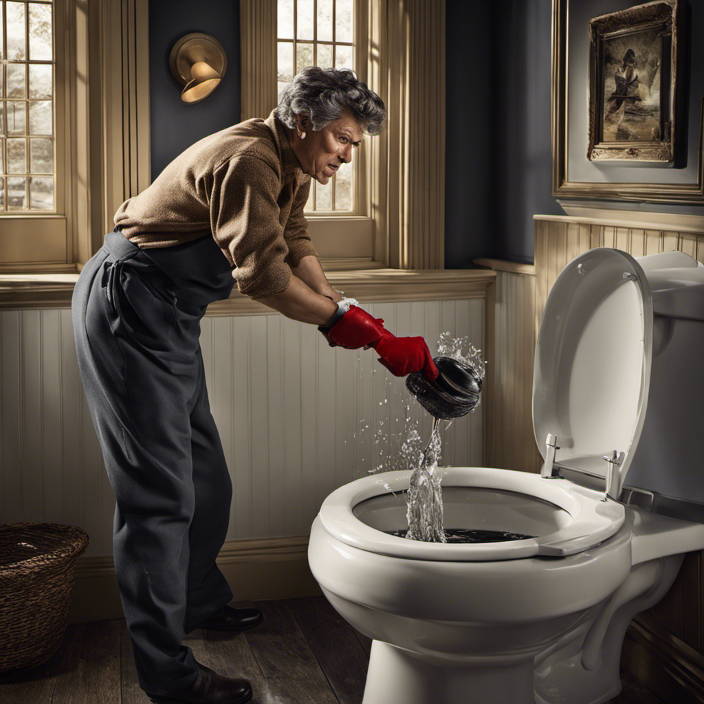 An image that showcases a person wearing gloves, using a plunger to vigorously unclog a toilet filled with overflowing water, while a determined expression reflects their determined effort