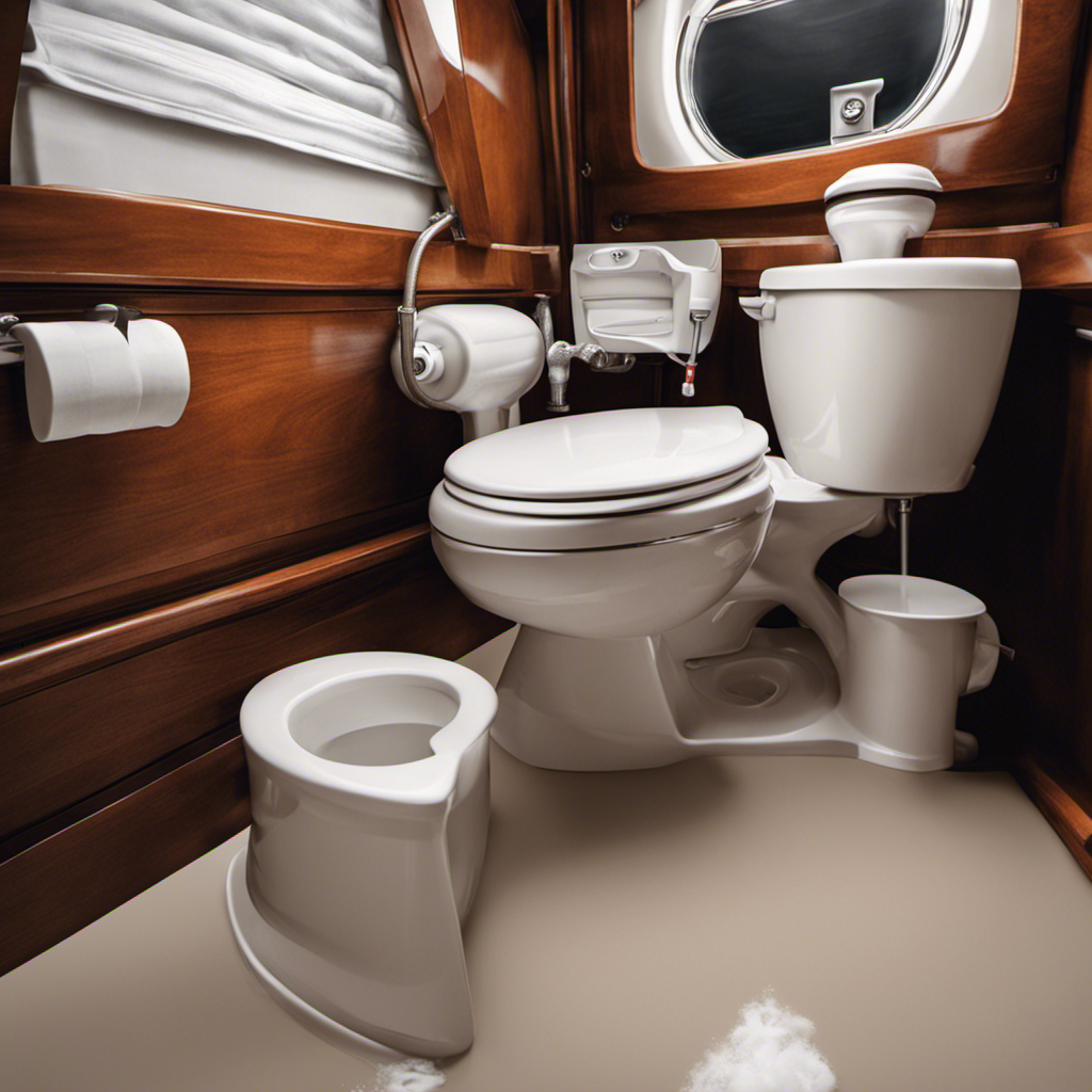 An image capturing the step-by-step process of unclogging an RV toilet: depict a gloved hand holding a plunger, water splashing out of the toilet bowl, a snake-like auger inserted into the toilet drain, and a clean, unclogged toilet at the end