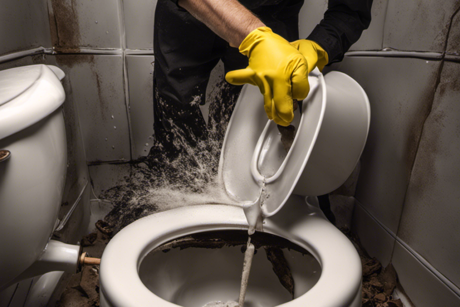 An image depicting a person wearing rubber gloves, holding a plunger, and applying strong downward pressure on a severely clogged toilet