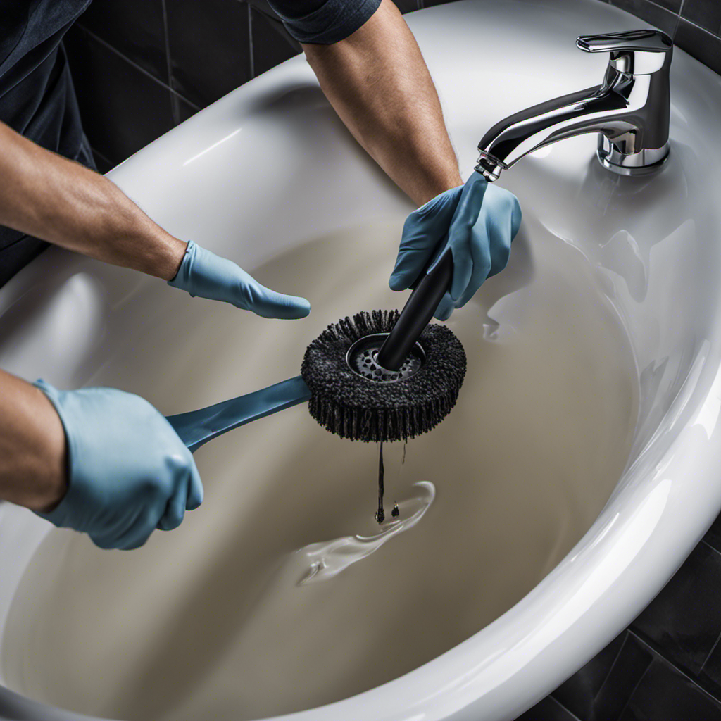 An image of a hand wearing a rubber glove, holding a plunger over a bathtub drain
