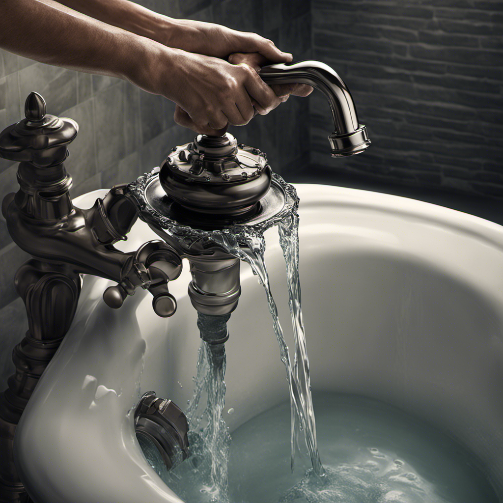 An image depicting a pair of gloved hands gripping a plunger, firmly pressed against the drain of a bathtub