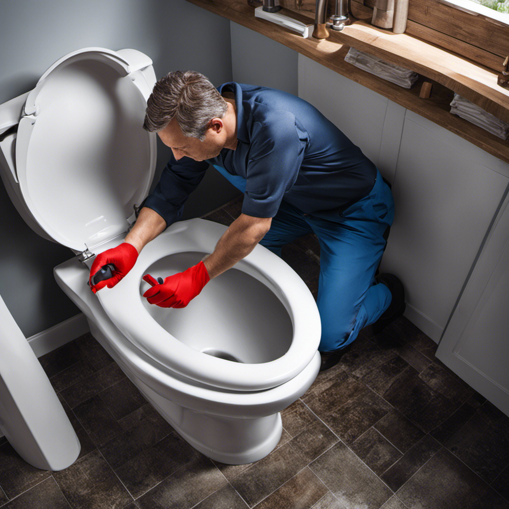 An image that showcases a person wearing gloves, using a plunger to unclog a toilet