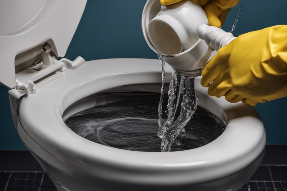An image capturing a close-up view of a person wearing rubber gloves, using a plunger to forcefully push down on a clogged toilet bowl, with water splashing out