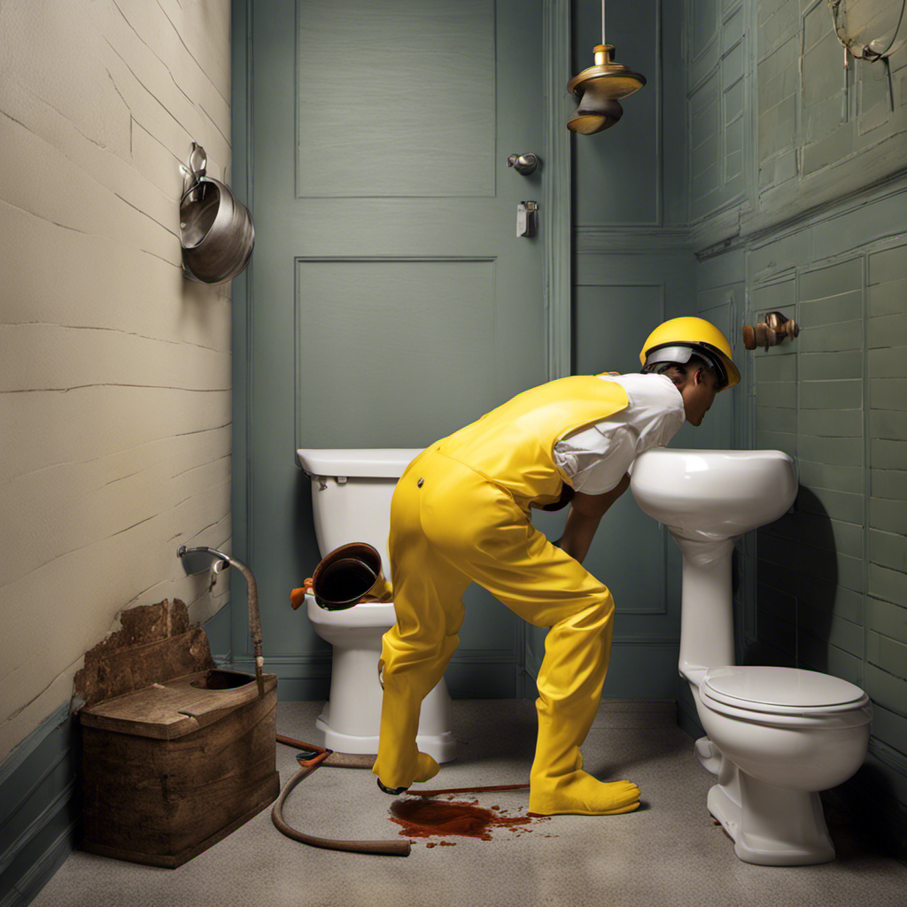An image that showcases a person wearing rubber gloves, gripping a plunger forcefully, while vigorously plunging into a clogged toilet bowl