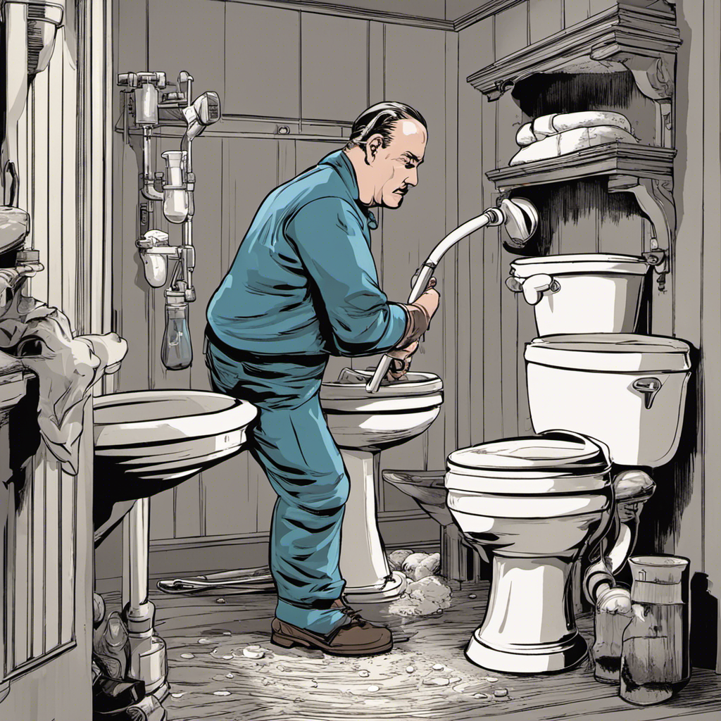 An image that illustrates a step-by-step guide to unclogging a toilet filled with poop and water: a plunger positioned over the clogged drain, water overflowing, and a determined person wearing rubber gloves