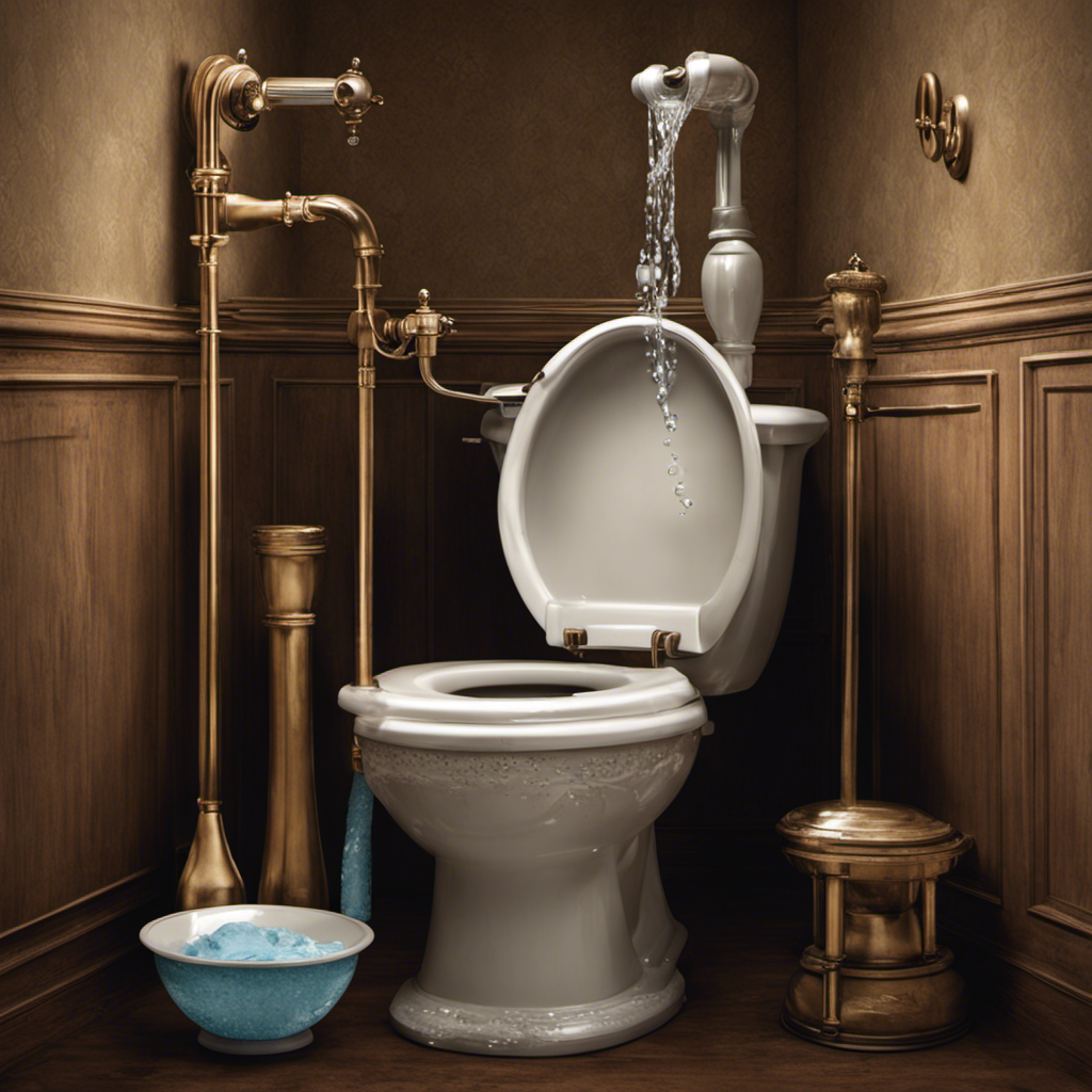 An image depicting a pair of gloved hands holding a plunger, positioned over a toilet bowl brimming with water