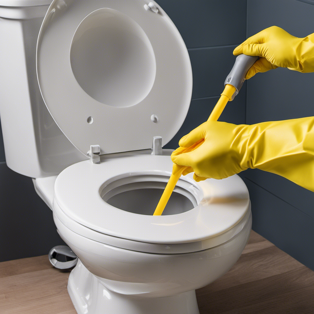 An image showcasing a person wearing rubber gloves, using a handheld auger to unclog a toilet