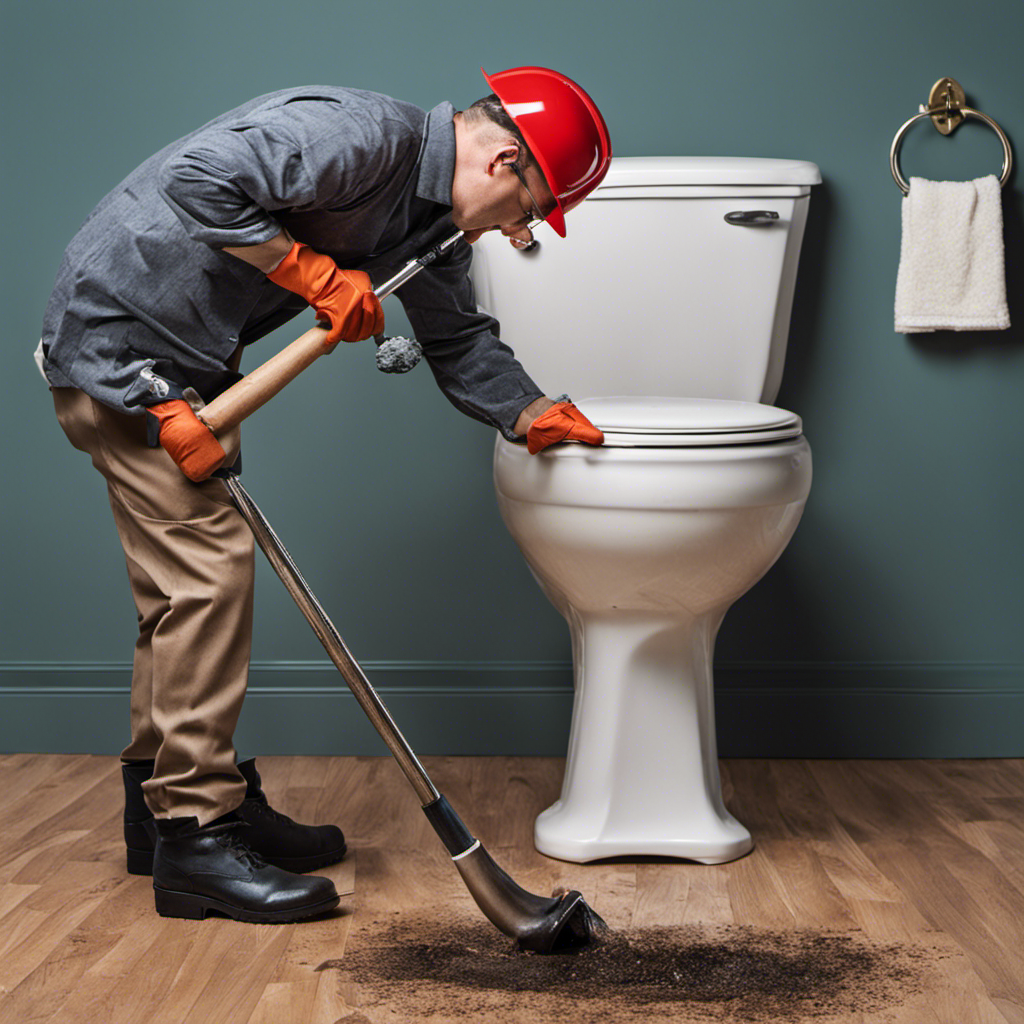 An image showcasing a step-by-step guide to unclog a toilet pipe: a person wearing gloves using a plunger, exerting downward pressure on the clogged pipe, with water and debris visible