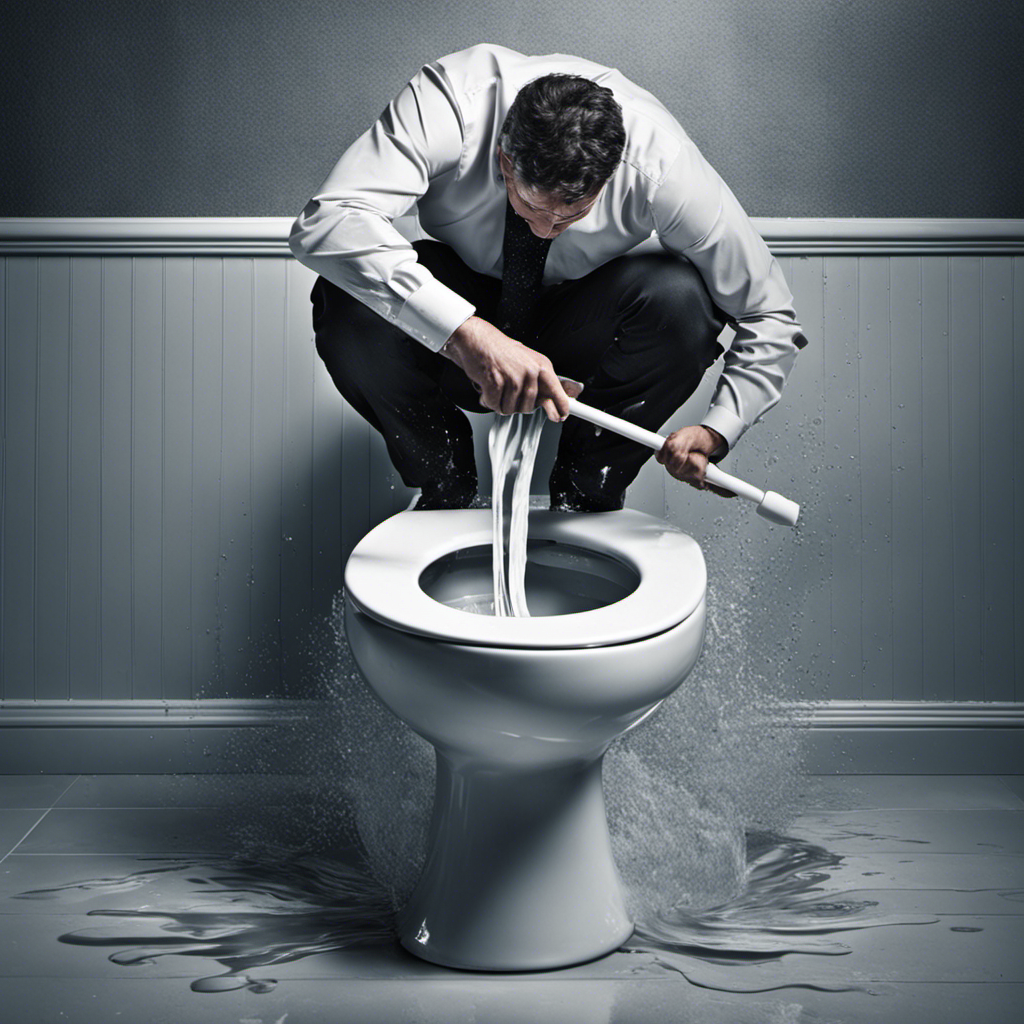 An image depicting a frustrated individual attempting to plunge a toilet, with water overflowing onto the bathroom floor
