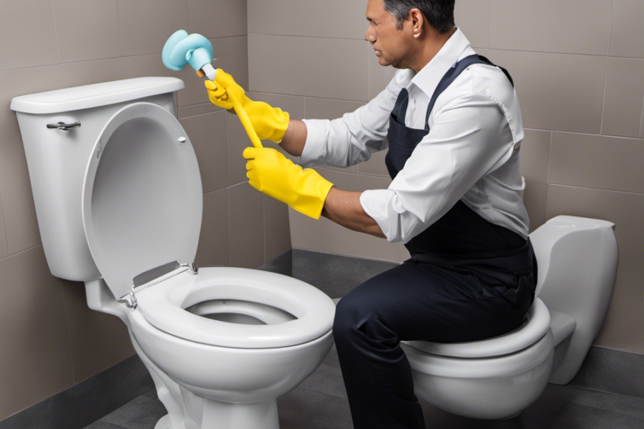An image showing a person wearing rubber gloves, using a plunger to unclog a toilet