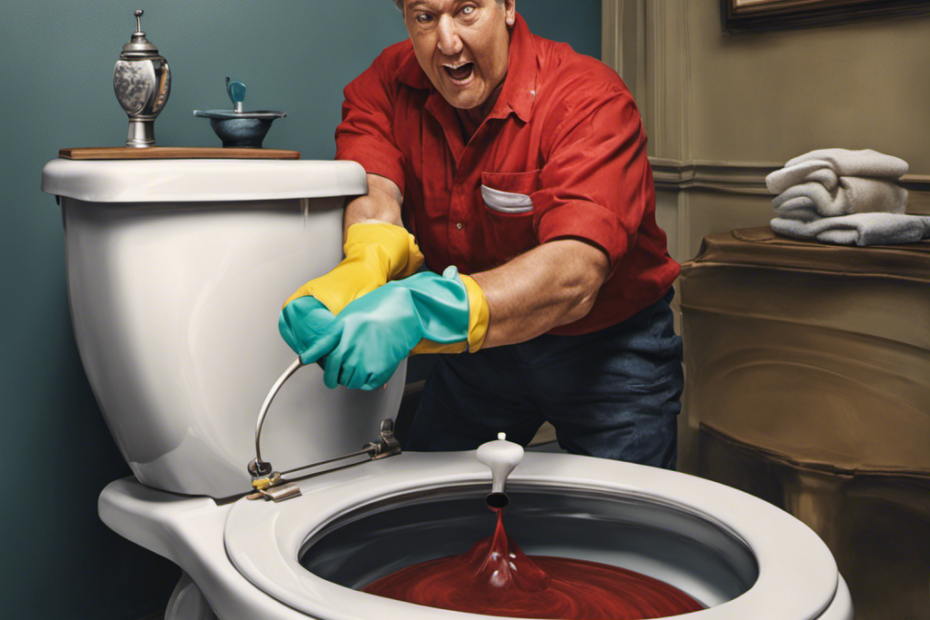 An image depicting a person wearing rubber gloves, using a plunger to unclog an overflowing toilet