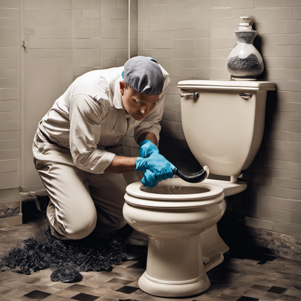 An image that depicts a person wearing rubber gloves, holding a plunger at a slight angle, applying force to the toilet bowl
