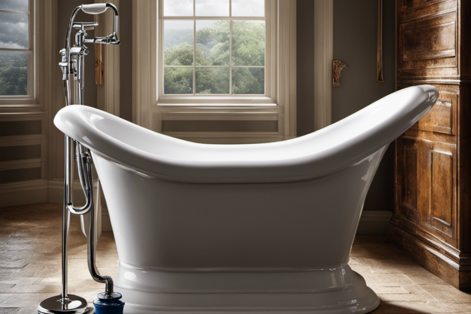 An image showcasing a close-up view of a bathtub, with overflowing water, surrounded by a plunger, a drain snake, and a bucket