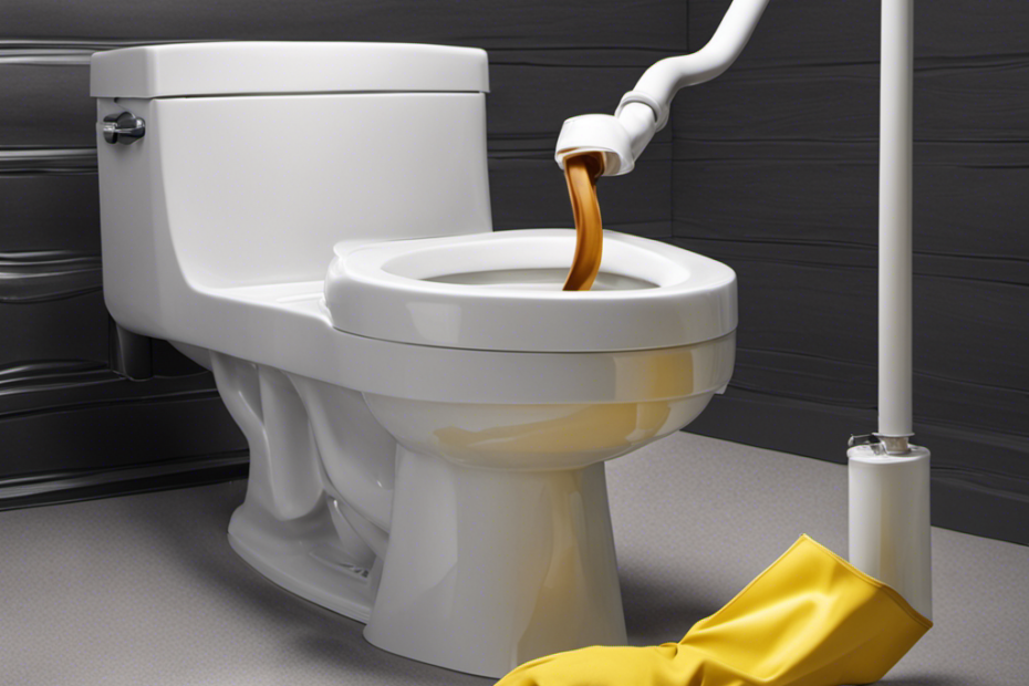 An image showcasing a person wearing rubber gloves, using a toilet auger with a rotating handle to unclog a toilet