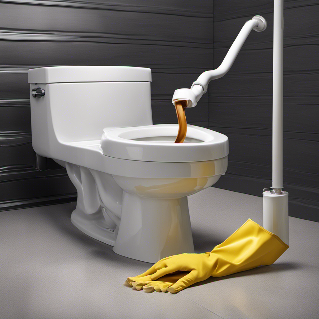 An image showcasing a person wearing rubber gloves, using a toilet auger with a rotating handle to unclog a toilet