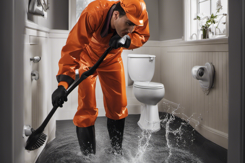 An image showcasing a person wearing rubber gloves, using a plunger to unclog a toilet filled with high water