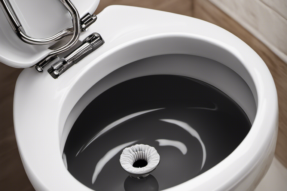 An image showcasing a close-up view of a toilet bowl with a bent wire hanger inserted into the drain, demonstrating the step-by-step process of using a hanger to unclog a toilet