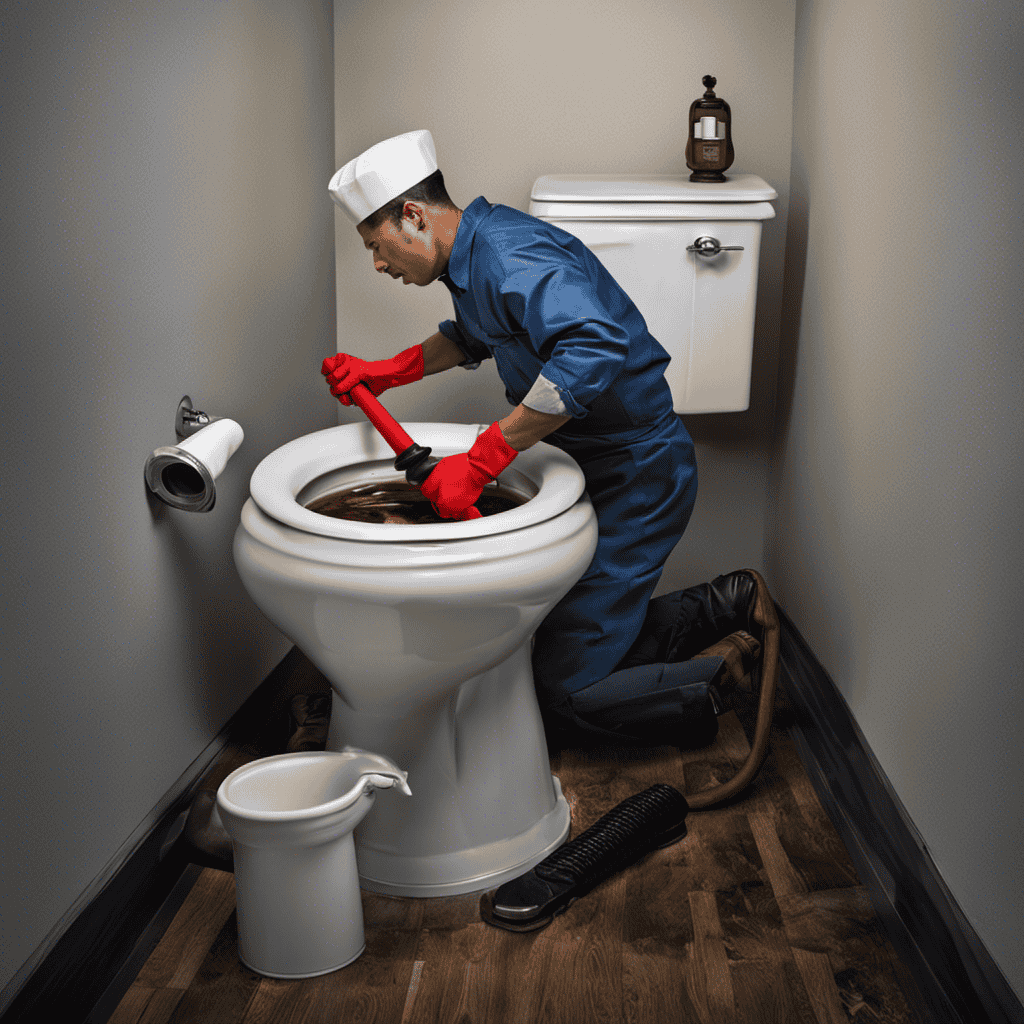 An image depicting a person wearing rubber gloves, gripping a plunger with both hands, positioned over a clogged toilet bowl