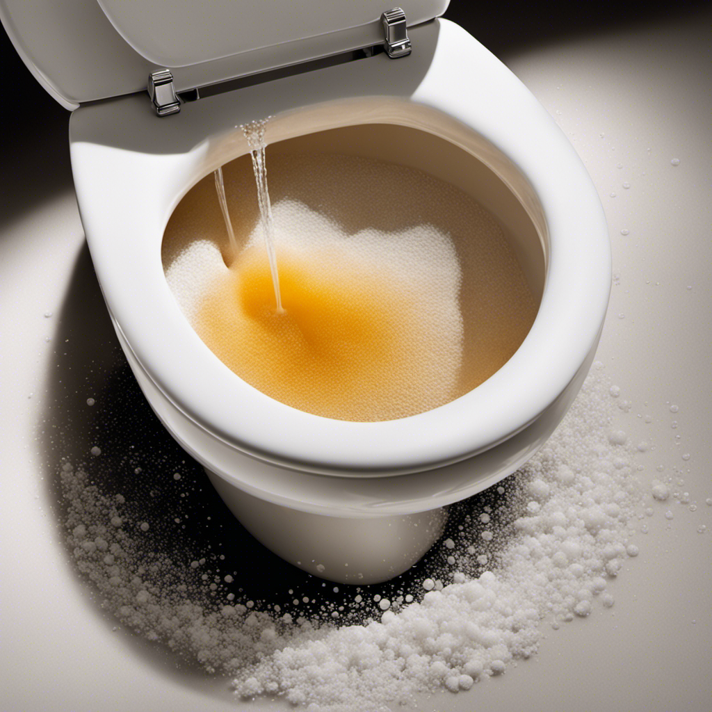 An image: A close-up view of a toilet bowl filled with baking soda and vinegar mixture, foaming vigorously