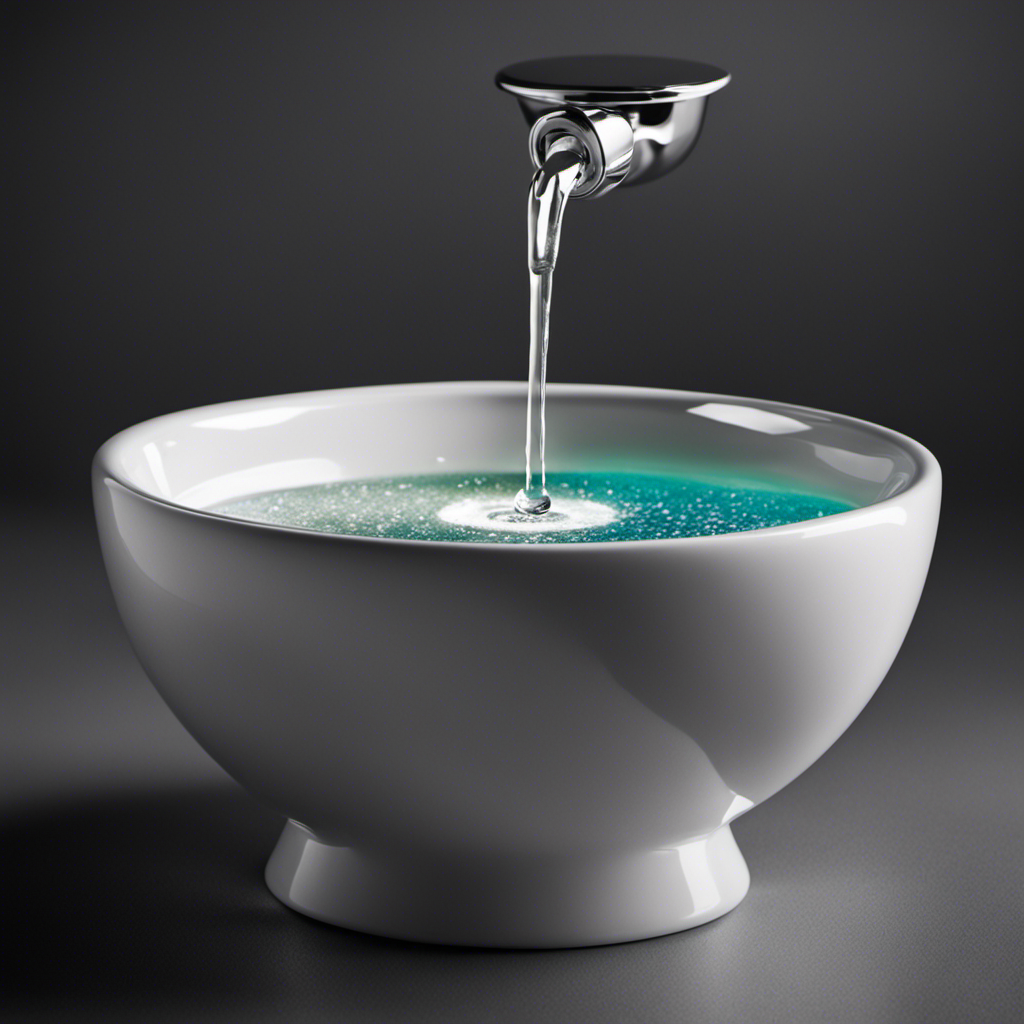 An image of a sparkling clean toilet bowl with a few drops of dish soap, showcasing a hand gently pouring the soap
