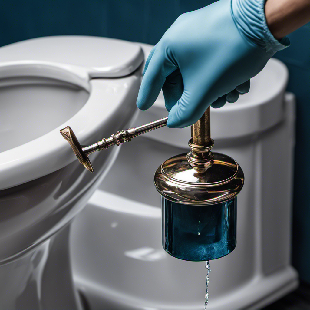 An image showcasing a close-up of a gloved hand holding a plunger, ready to plunge a toilet