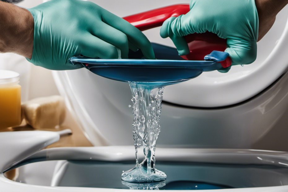 An image that showcases a close-up of a toilet bowl, with a plumber's gloved hand gently pouring a stream of clear dish soap into the bowl, illustrating the step-by-step process of unclogging a toilet