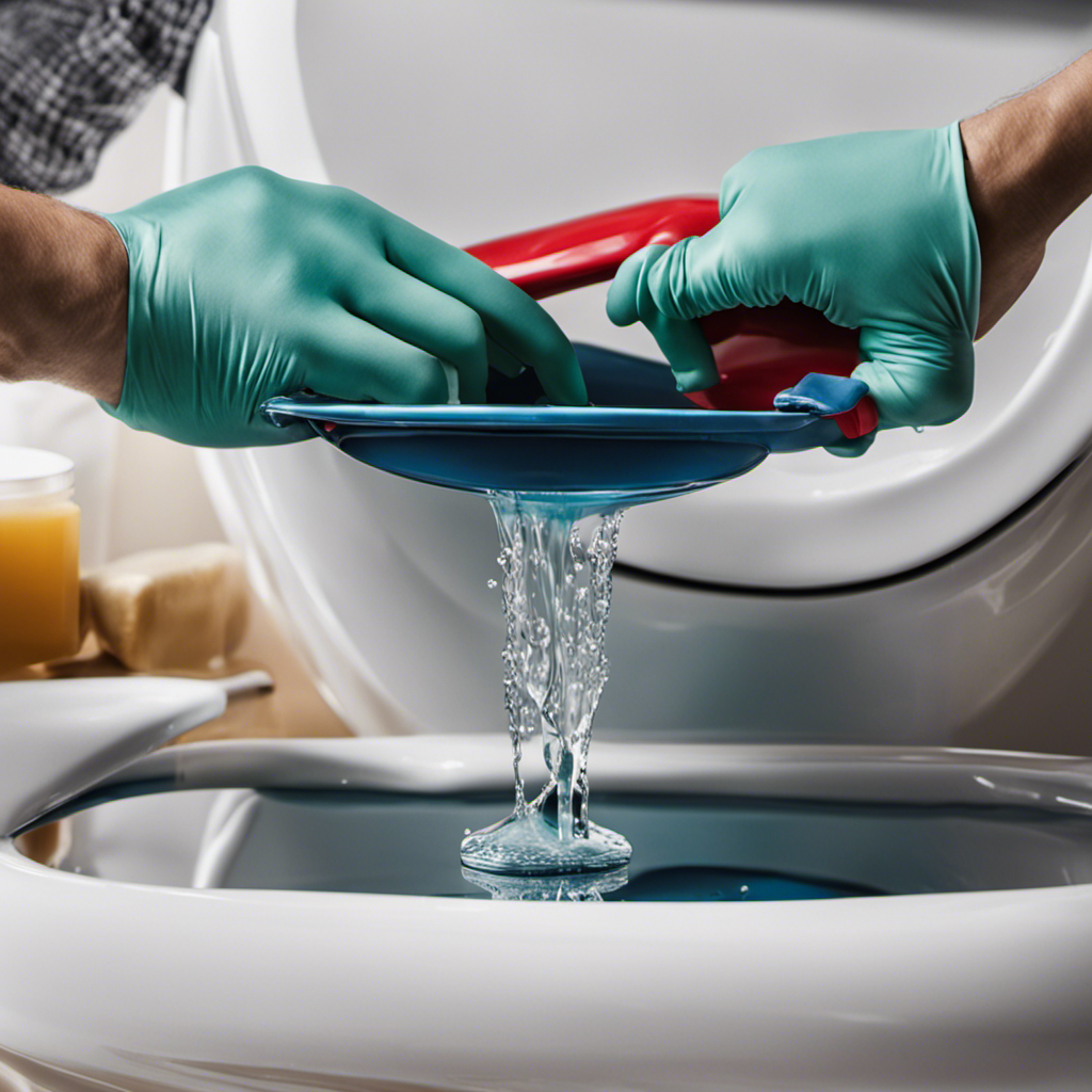 An image that showcases a close-up of a toilet bowl, with a plumber's gloved hand gently pouring a stream of clear dish soap into the bowl, illustrating the step-by-step process of unclogging a toilet