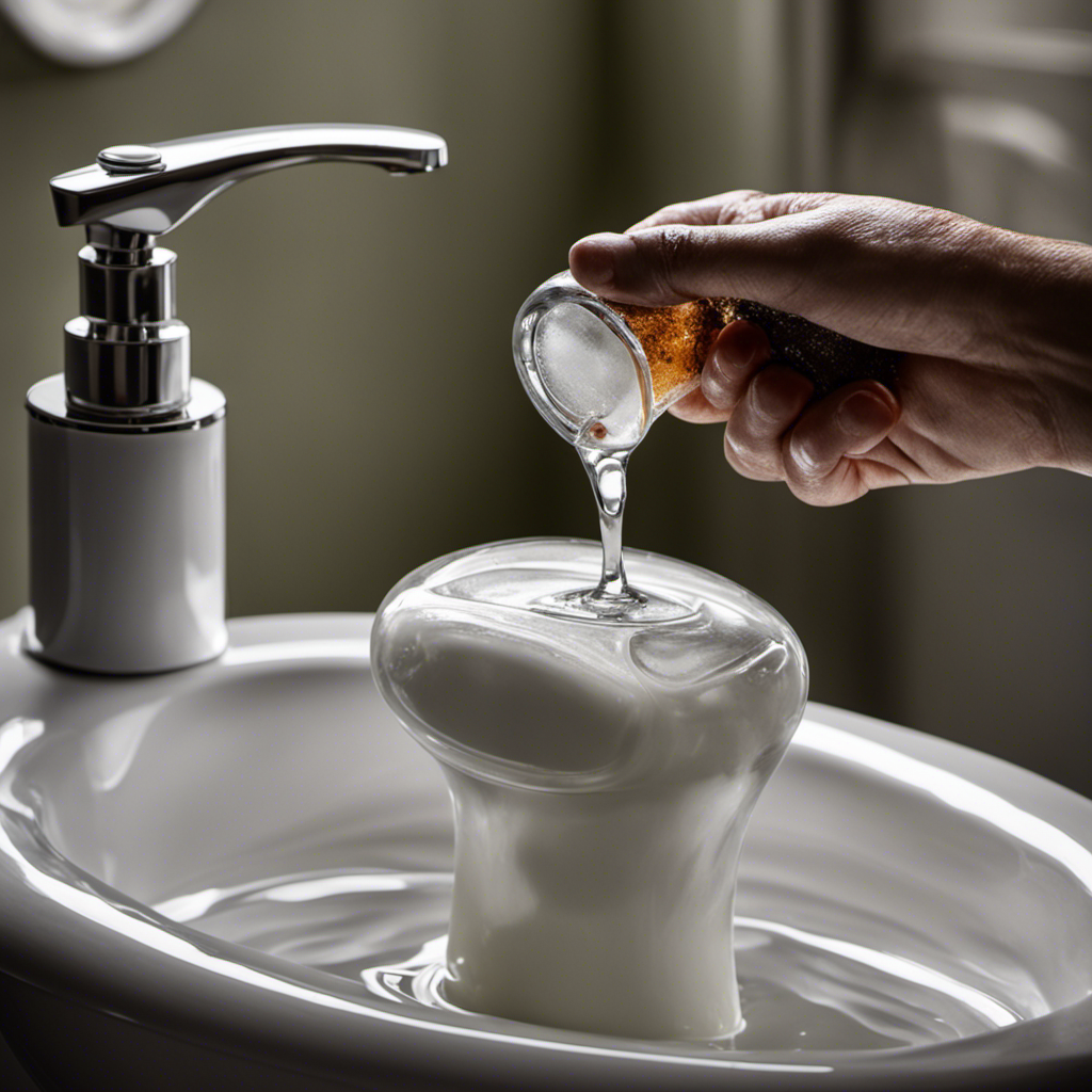 An image showcasing a toilet bowl filled with murky water, a bottle of dish soap beside it, a hand squeezing soap into the bowl, and the water gradually clearing up, highlighting the pivotal role of dish soap in unclogging toilets