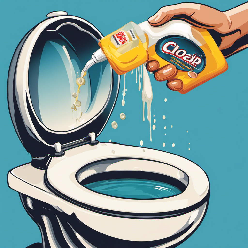 An image showcasing the step-by-step process of applying dish soap to unclog a toilet: a hand squeezing a generous amount of soap into the toilet bowl, followed by a depiction of the soap dissolving and clearing the clog