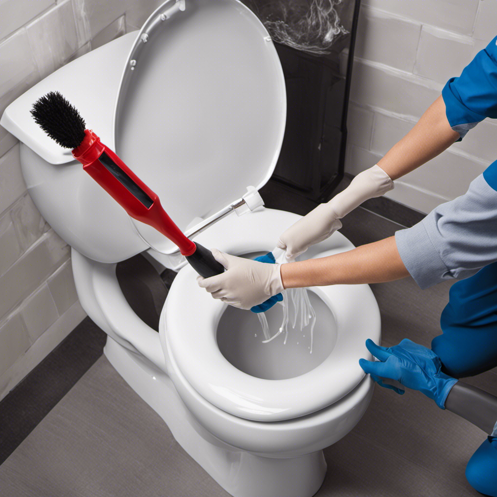 An image showcasing a step-by-step guide to unclogging a toilet without a plunger: A person wearing rubber gloves, pouring hot water into the toilet bowl, followed by a demonstration of using a toilet brush to unclog the blockage