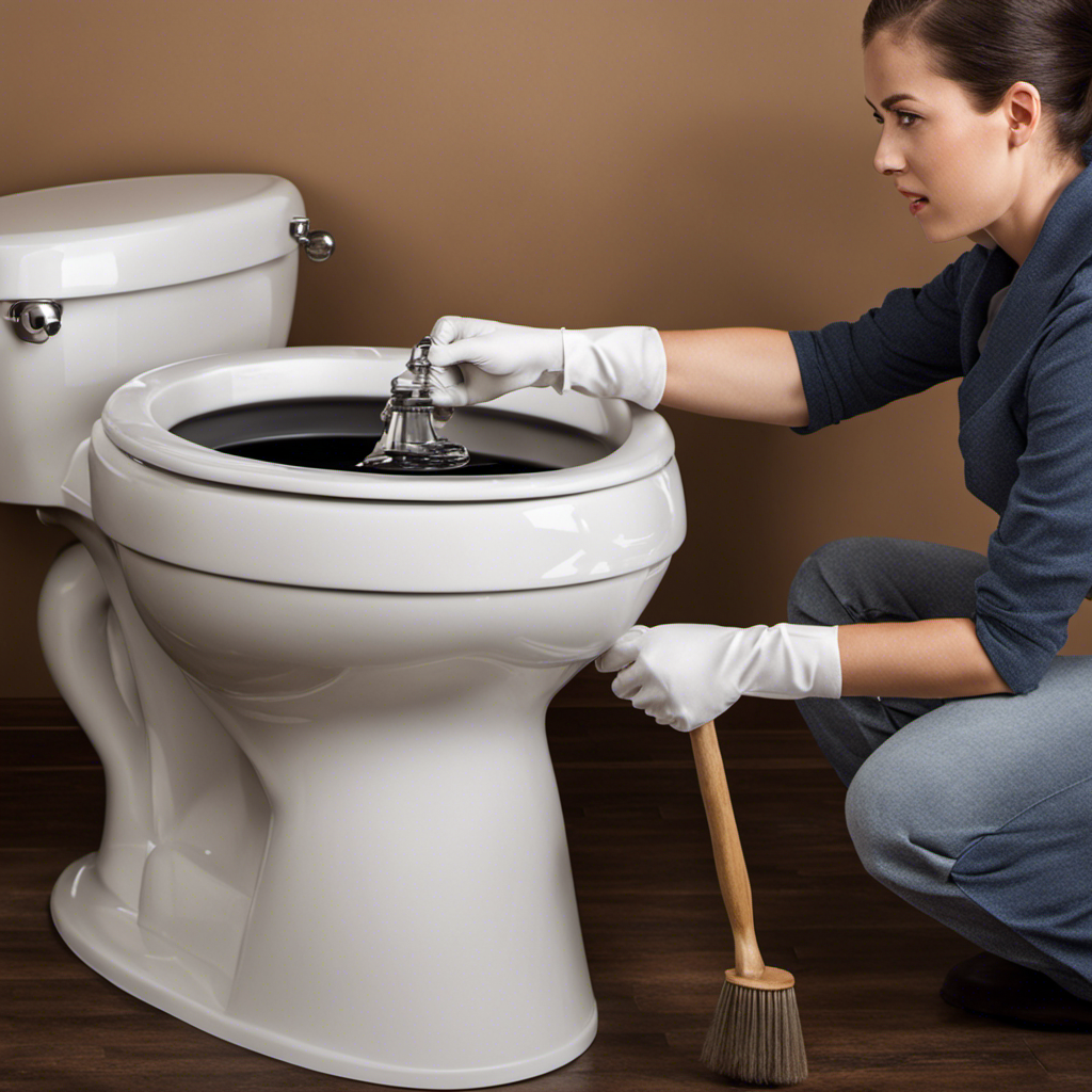 An image showcasing a person wearing gloves, holding a plunger, and using a homemade solution (like a mixture of vinegar and baking soda) to unclog a toilet