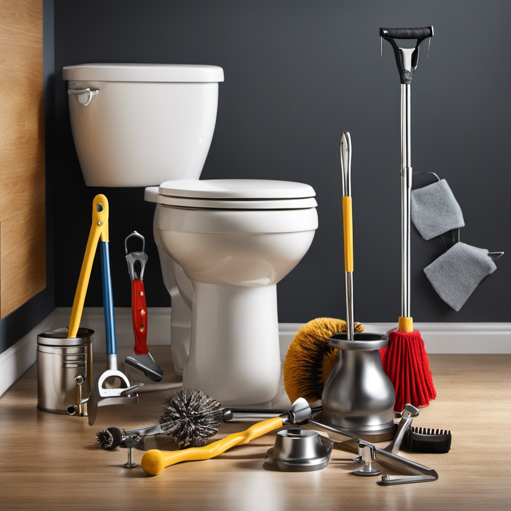 An image depicting a neatly arranged set of tools on a bathroom floor, including a plunger, rubber gloves, a bucket, a toilet auger, and a wrench, ready to tackle the task of unclogging a toilet with poop in it