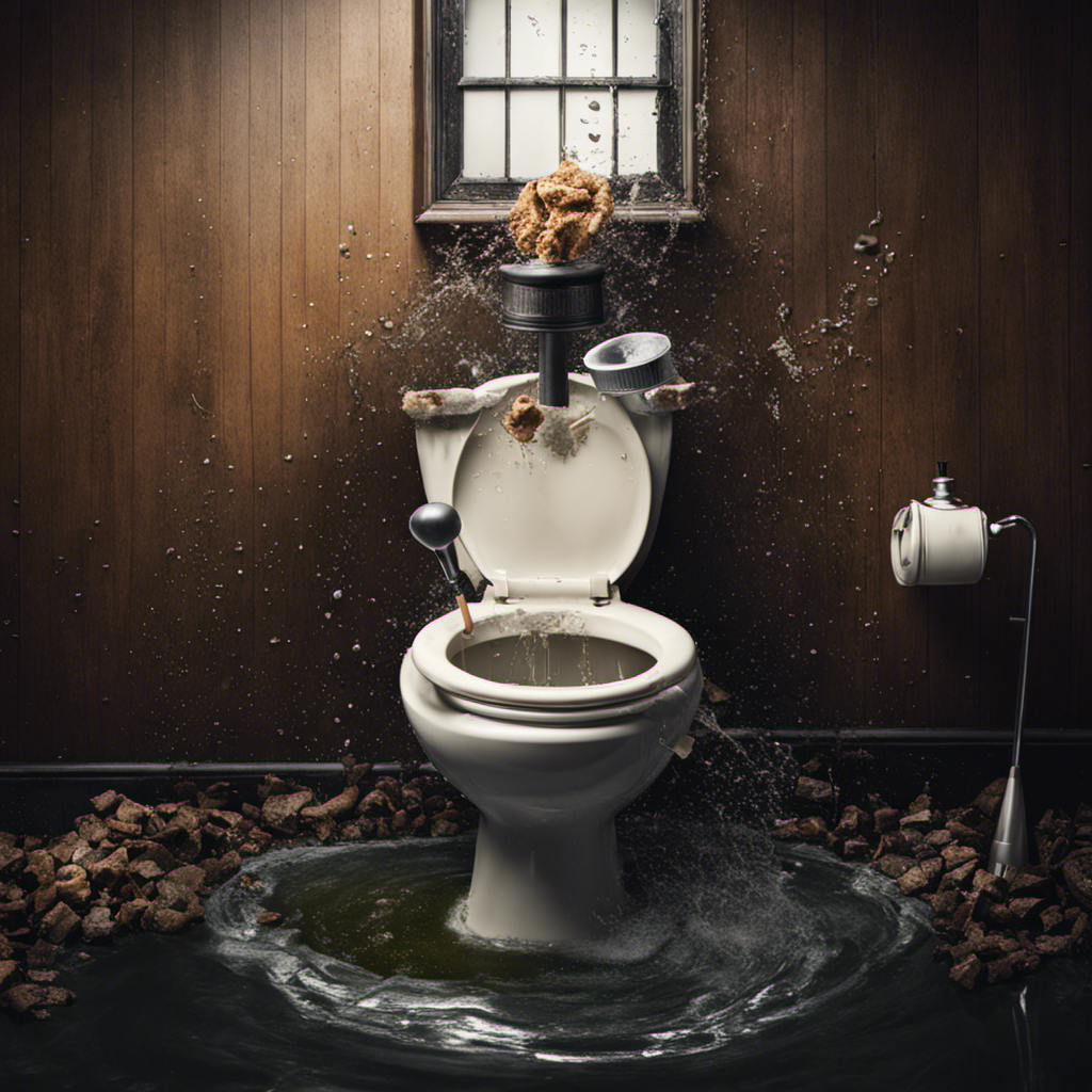 An image showing a person wearing gloves, using a plunger to forcefully push down on a clogged toilet, as water splashes out with chunks of waste, emphasizing the urgency of removing excess waste