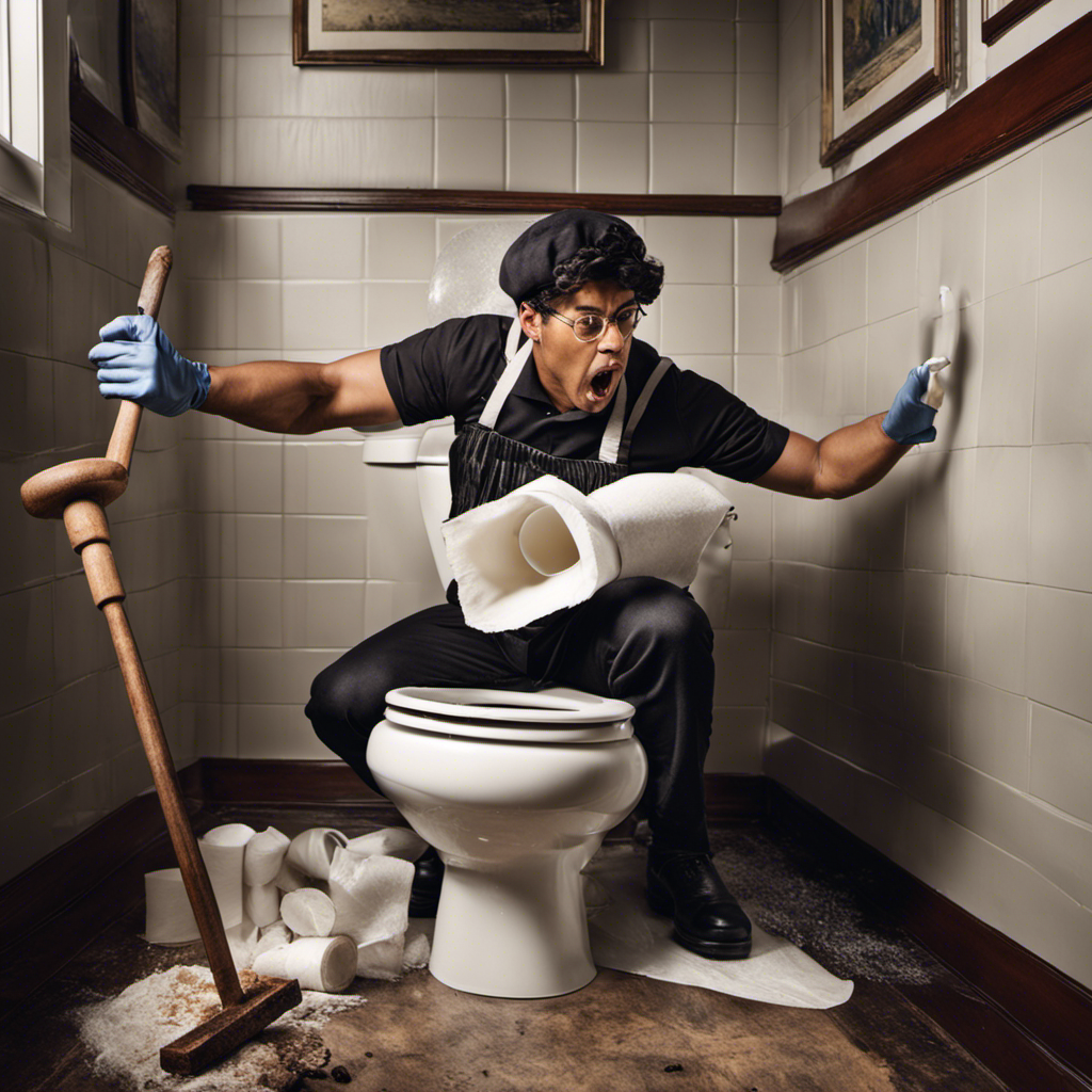 An image showcasing a person wearing rubber gloves, holding a plunger, positioned next to a clogged toilet filled with toilet paper and feces