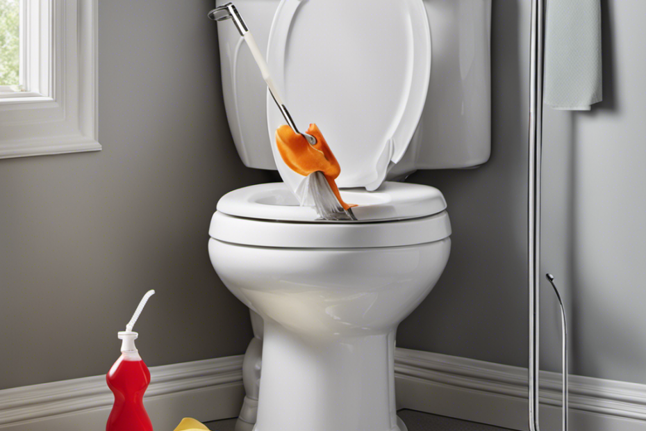 An image that showcases a person wearing rubber gloves and using a long-handled tool to cautiously extract a clog from a toilet bowl, while surrounding the toilet are various unclogging solutions like vinegar, baking soda, and hot water
