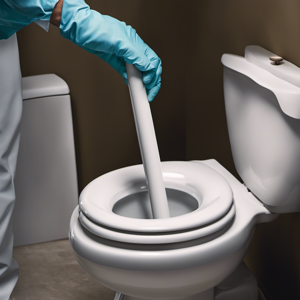 An image showcasing a person wearing gloves and holding a plunger positioned at a 45-degree angle, pressed against the toilet bowl