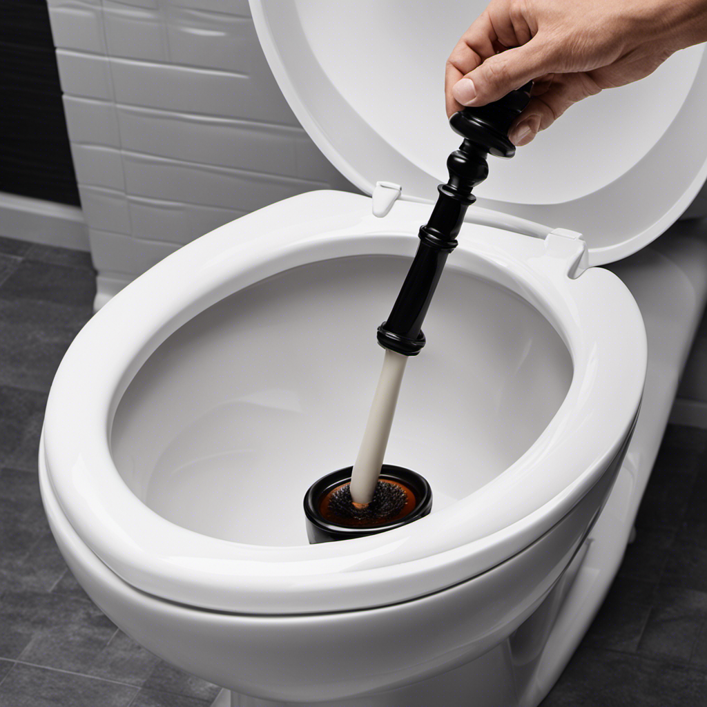 An image that showcases a plunger, positioned vertically in a fully clogged toilet bowl