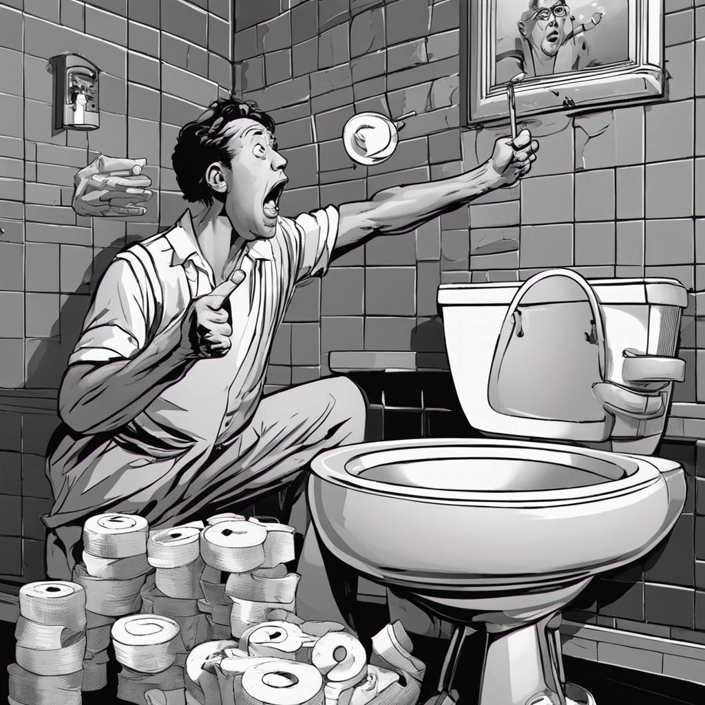 An image depicting a frustrated person in a bathroom, holding a plunger and pointing to a clogged toilet filled with toilet paper and waste
