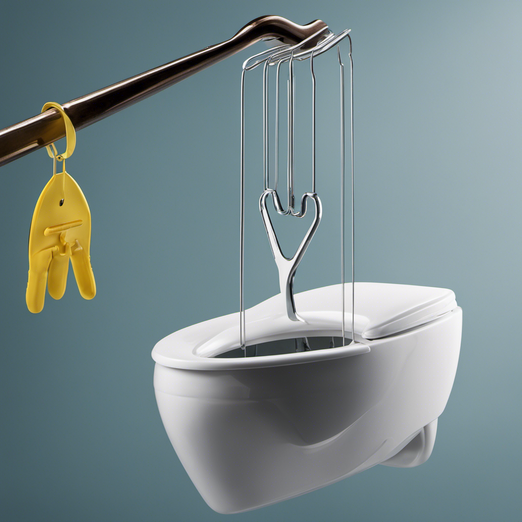 An image depicting a hand wearing rubber gloves holding a wire coat hanger, bent into a hook shape, reaching into a toilet bowl with water overflowing