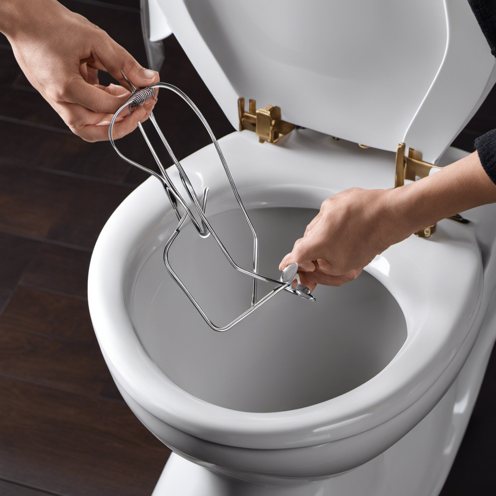 An image showcasing a person using a wire coat hanger, gently maneuvering it inside a toilet bowl, effectively dislodging the clog