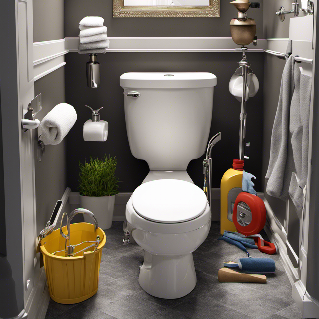 An image displaying a bathroom scene with a toolbox prominently featured, showcasing essential tools such as a toilet auger, drain snake, and rubber gloves, highlighting their role in unclogging a toilet without a plunger