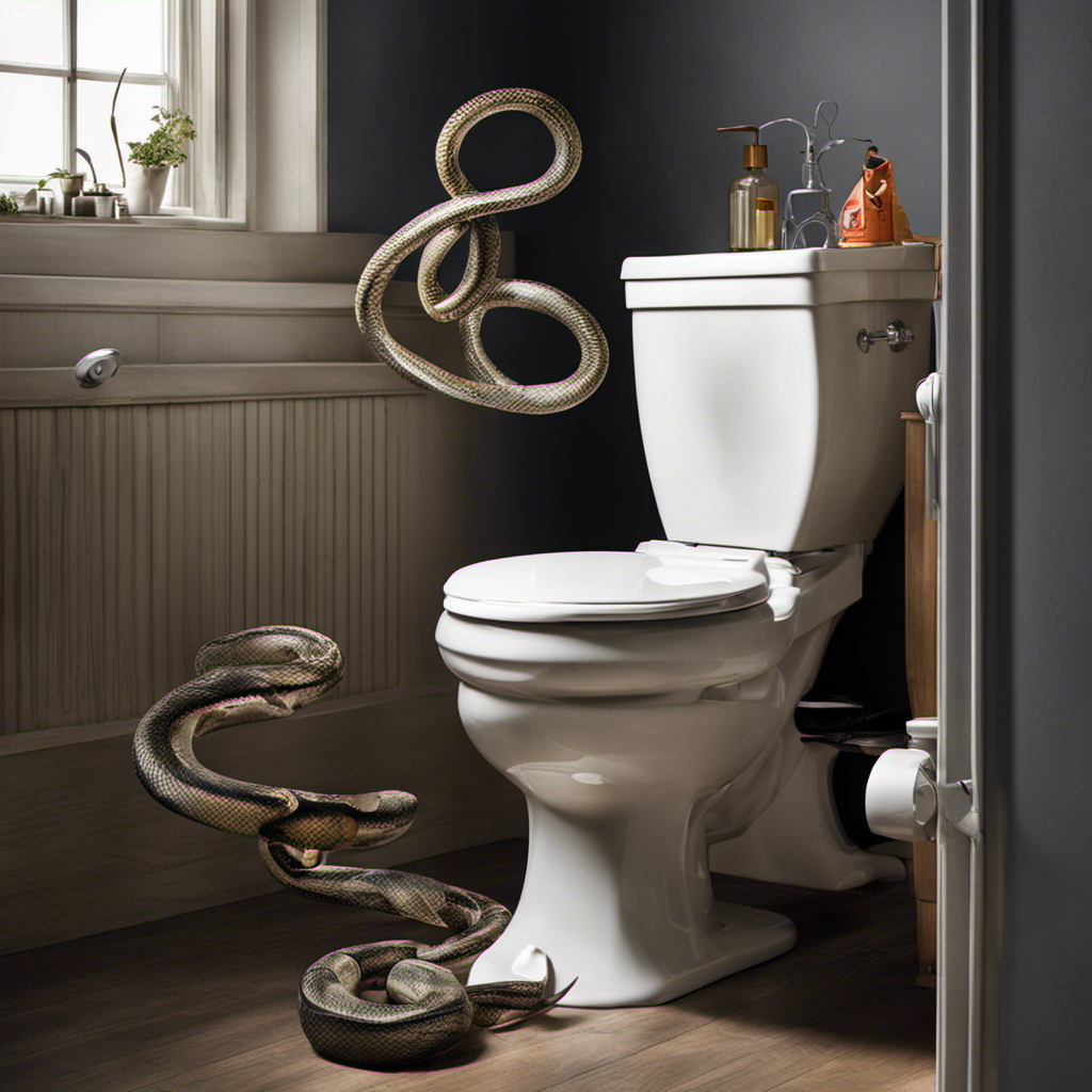 An image of a person wearing rubber gloves, using a makeshift toilet snake crafted from a wire hanger, gently maneuvering it into the toilet bowl to unclog the obstruction while the water level is visibly high