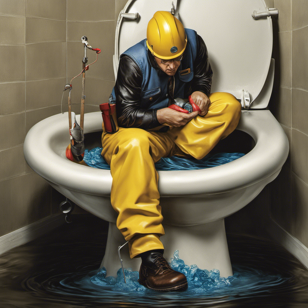 An image showcasing a person wearing rubber gloves, using a wire hanger to fish out a clog from a toilet bowl