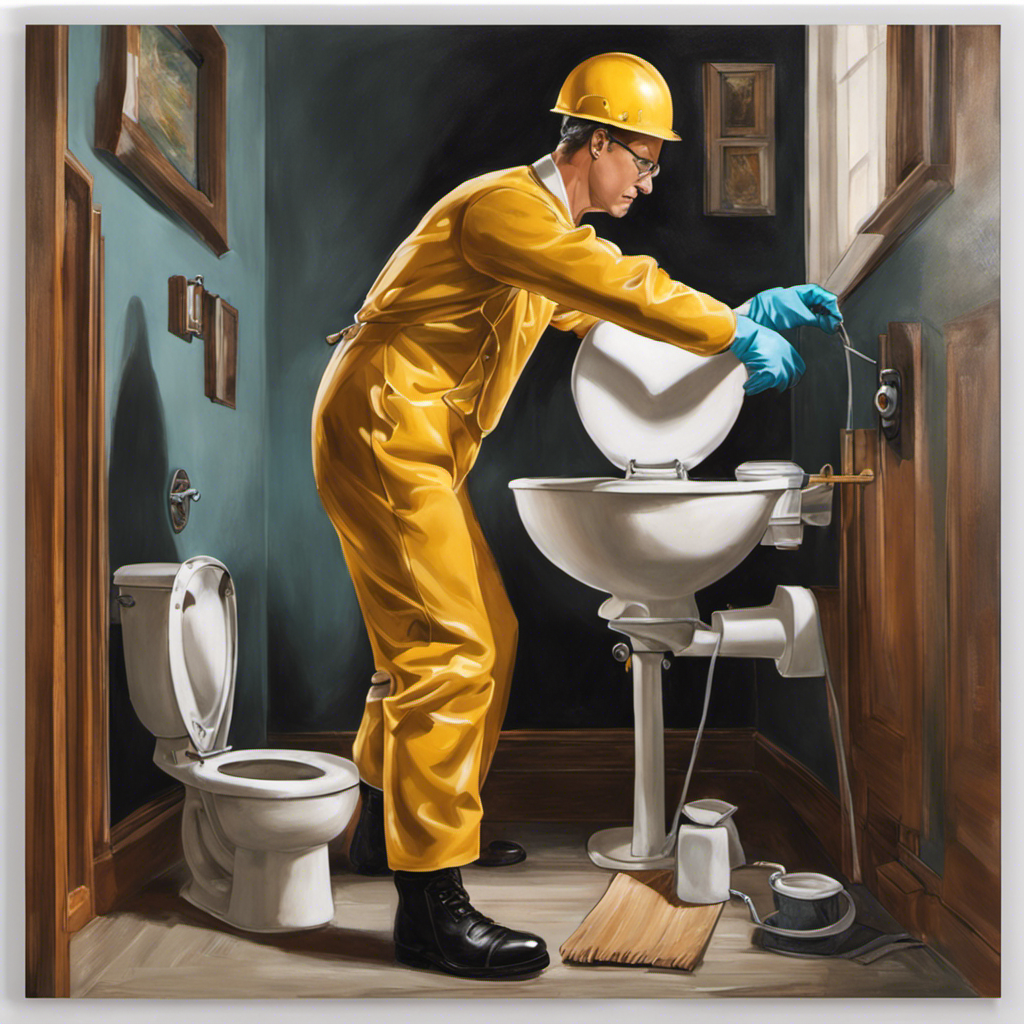 An image depicting a person wearing rubber gloves, using a wire hanger to gently dislodge a toilet blockage