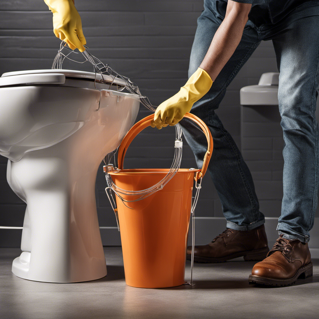 An image showcasing a person using a wire coat hanger, a bucket of warm water, and a pair of rubber gloves to successfully unclog a toilet