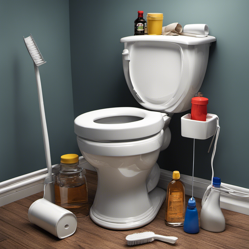 An image showcasing a toilet bowl filled with water, surrounded by a toothbrush, a wire hanger, a bucket, and a vinegar bottle, highlighting the common household items that can be used to unclog a toilet without a plunger