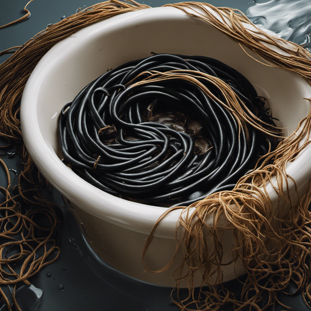 An image showcasing a close-up view of a bathtub drain covered in a tangled mess of long strands of hair, surrounded by water and a few scattered hair care products