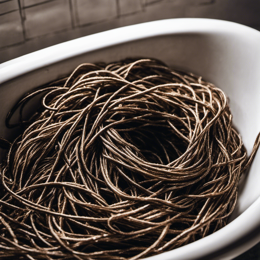 An image showcasing a close-up of a bathtub drain covered in tangled strands of hair