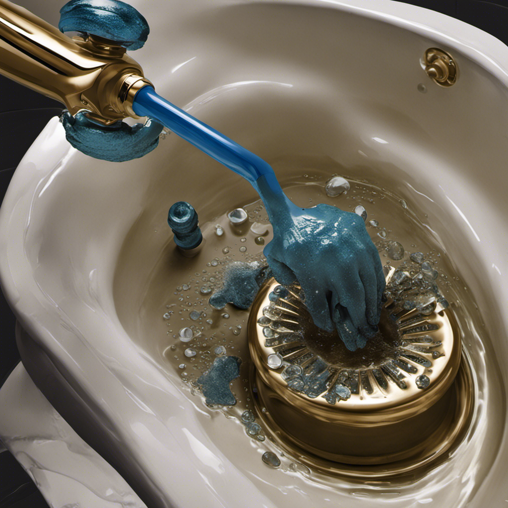 An image showcasing a pair of gloved hands using a plunger to clear a bathtub drain